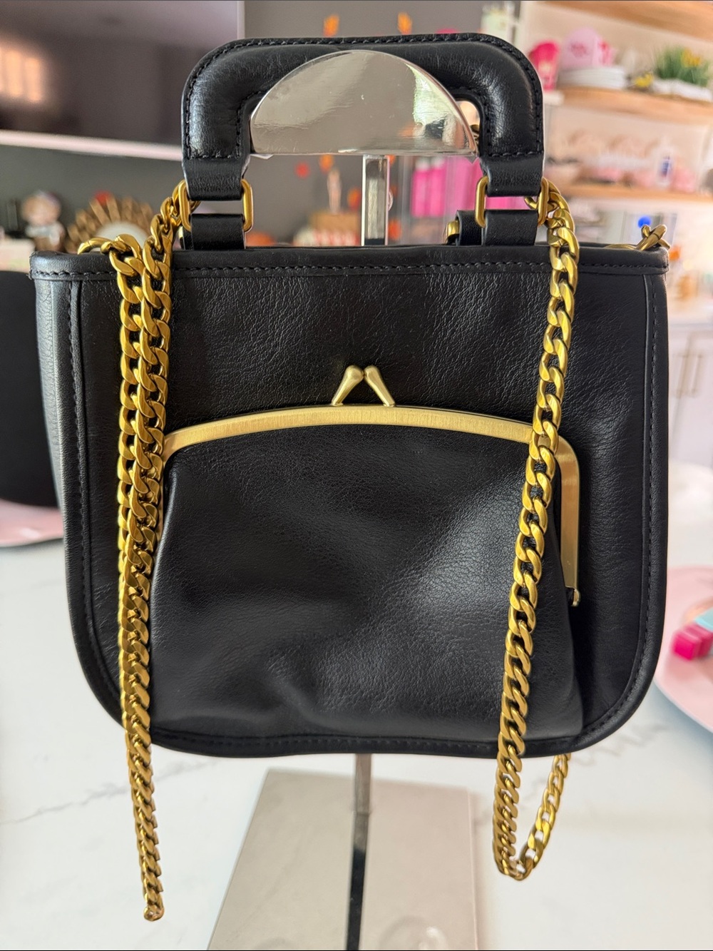 Classic Black Leather Chain Strap Crossbody Bag